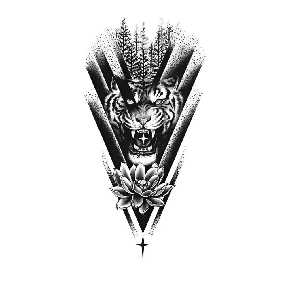 Zodiac Tiger black and white tattoo sticker of roaring tiger head in triangle