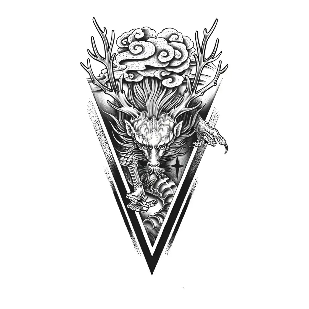 Zodiac Dragon mythical creature tattoo sticker in black and white triangle
