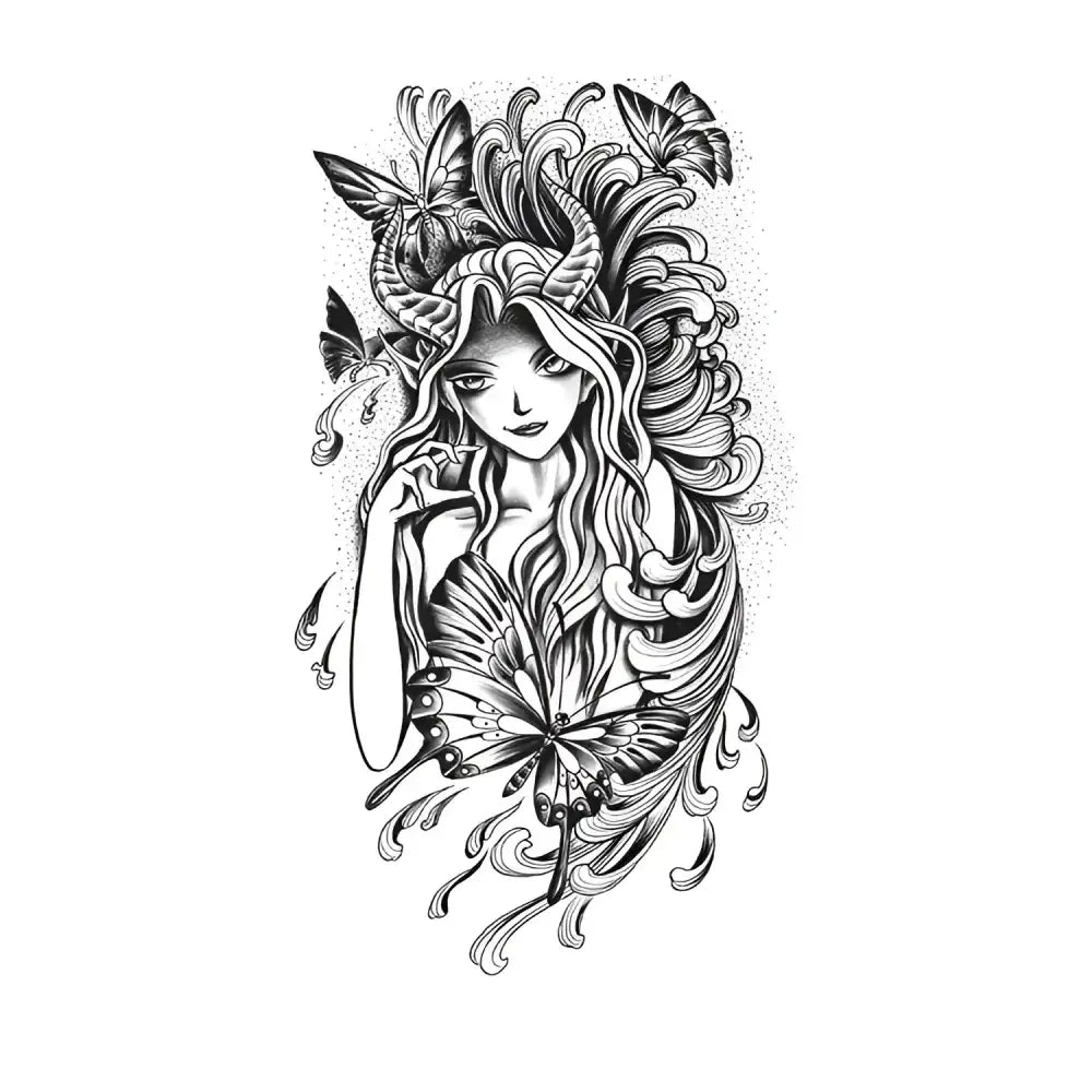 Black and white line art of horned Butterfly Girl with flowing hair and butterflies, small tattoo sticker design