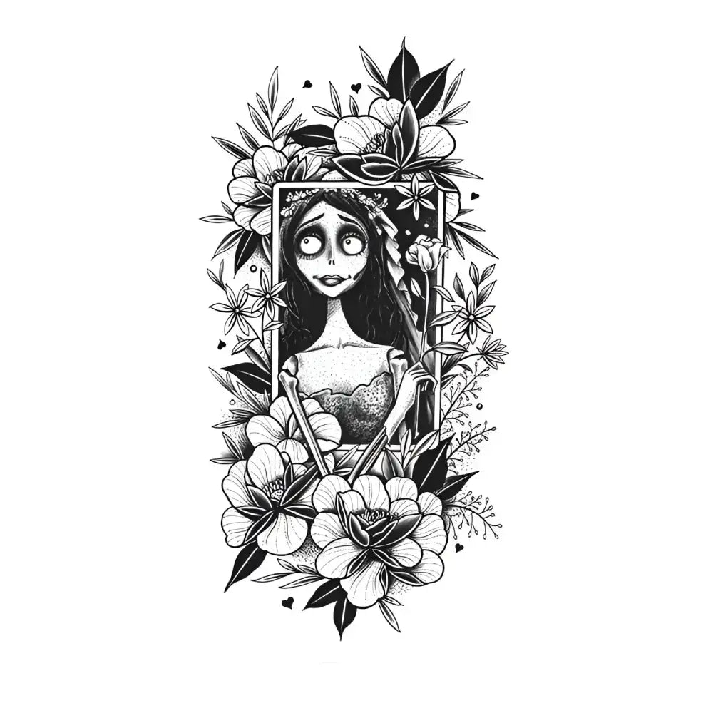 Black and white Corpse Bride Emily illustration with flowers