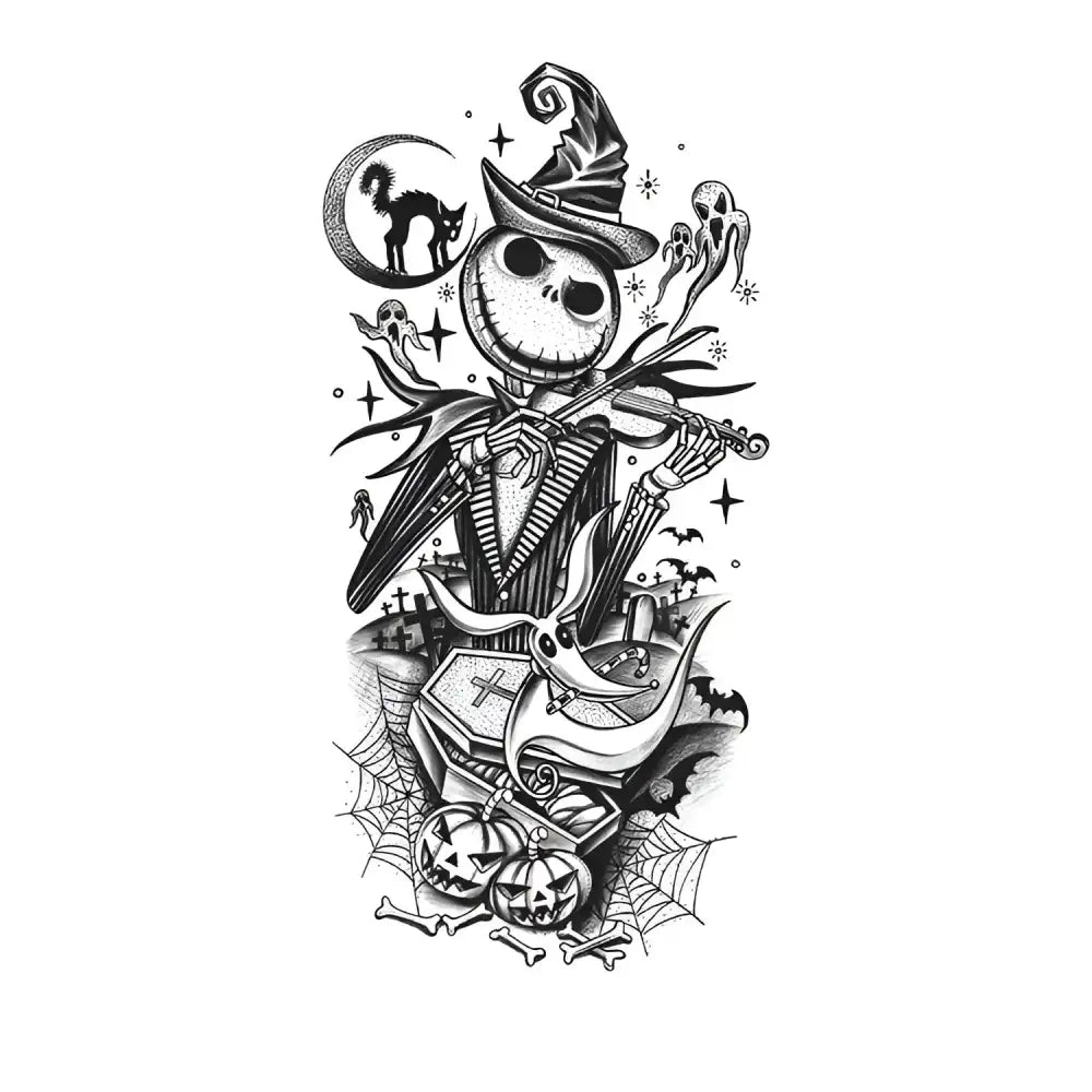 Jack Skellington playing violin in Halloween scene small tattoo sticker