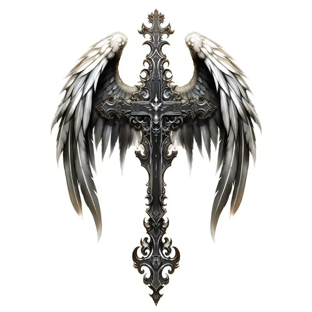 Ornate gothic angel wings cross tattoo sticker for full back