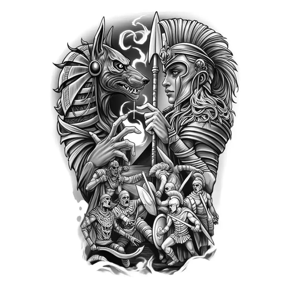 Black and white tattoo sticker of Anubis vs Greek warrior with mummies