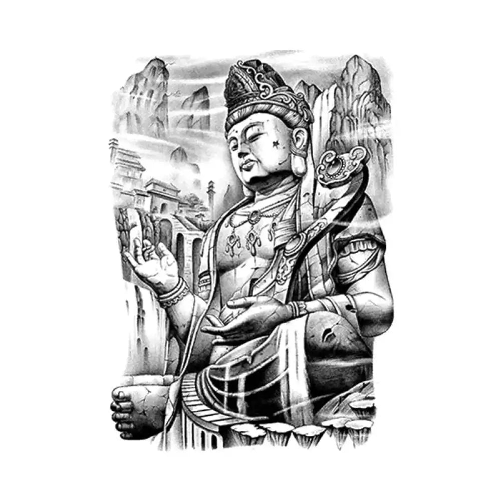 Serene monochrome Avalokiteshvara Buddha tattoo sticker design