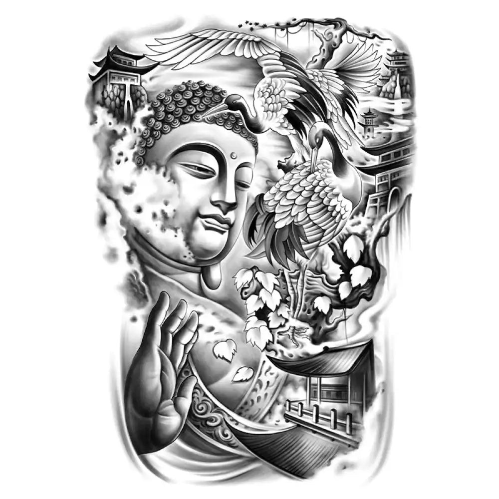 Black and white Buddha tattoo design with cranes and Asian architecture