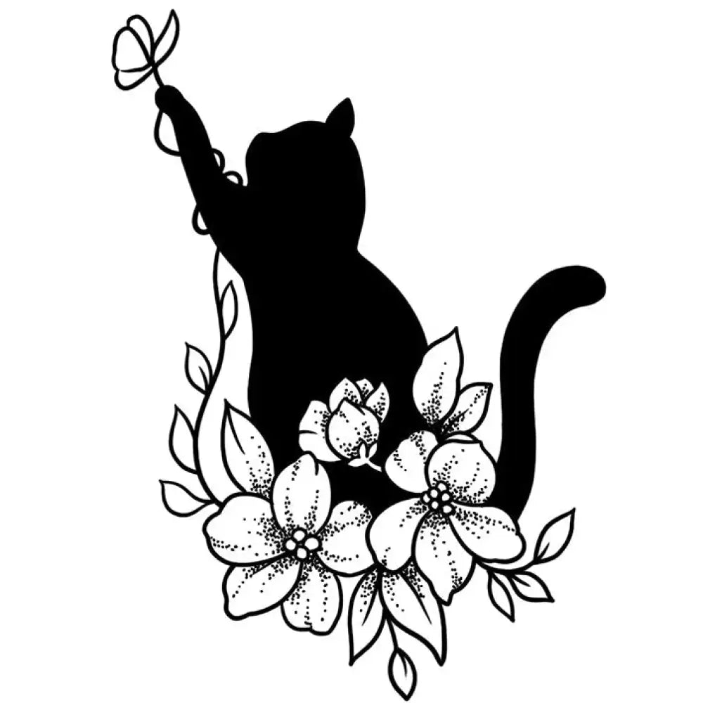 Black cat silhouette reaching for flower in tattoo sticker design