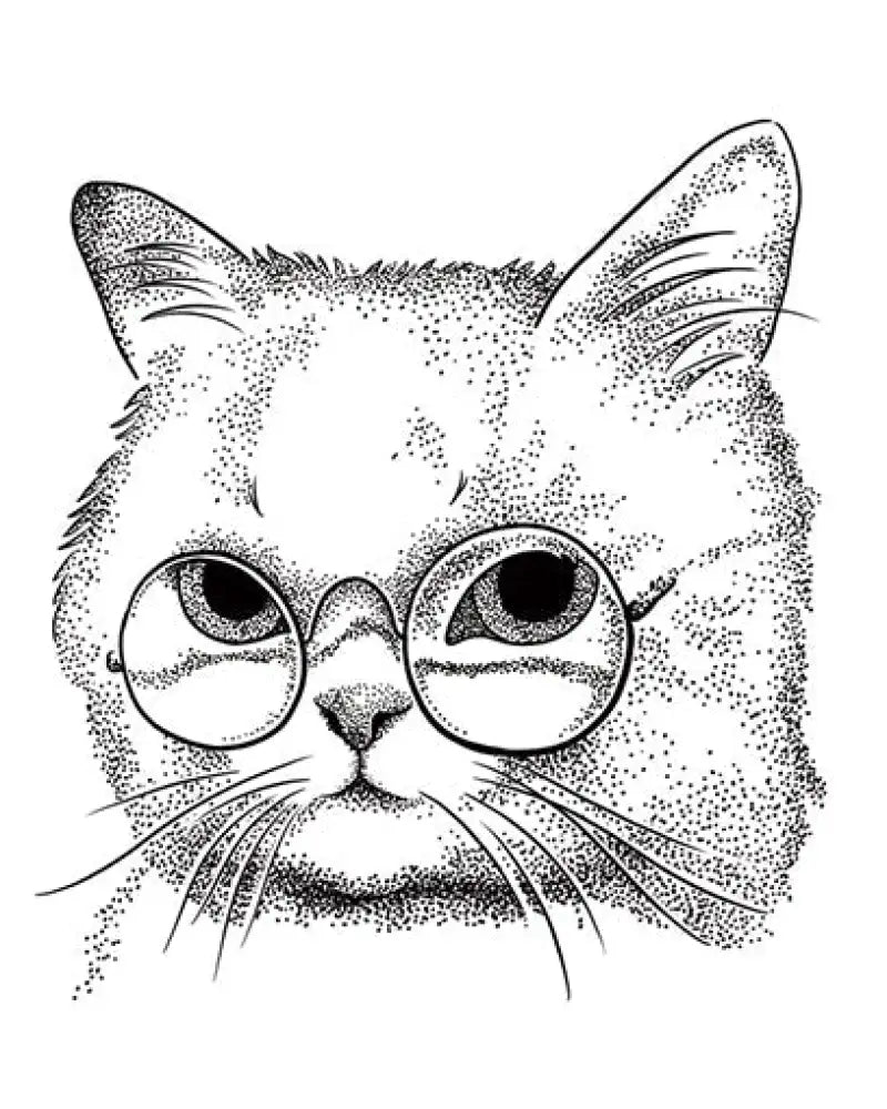 Black and white stipple cat with round glasses tattoo sticker design