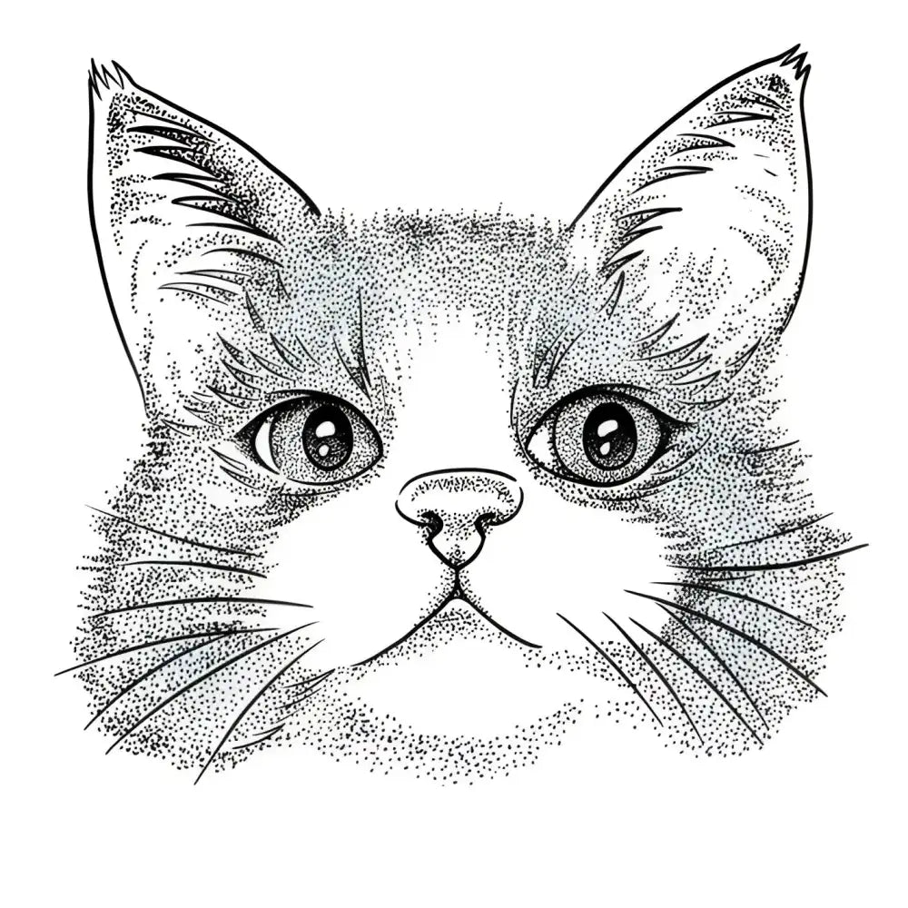Black and white stippled tattoo sticker of a dotwork cat face with large eyes