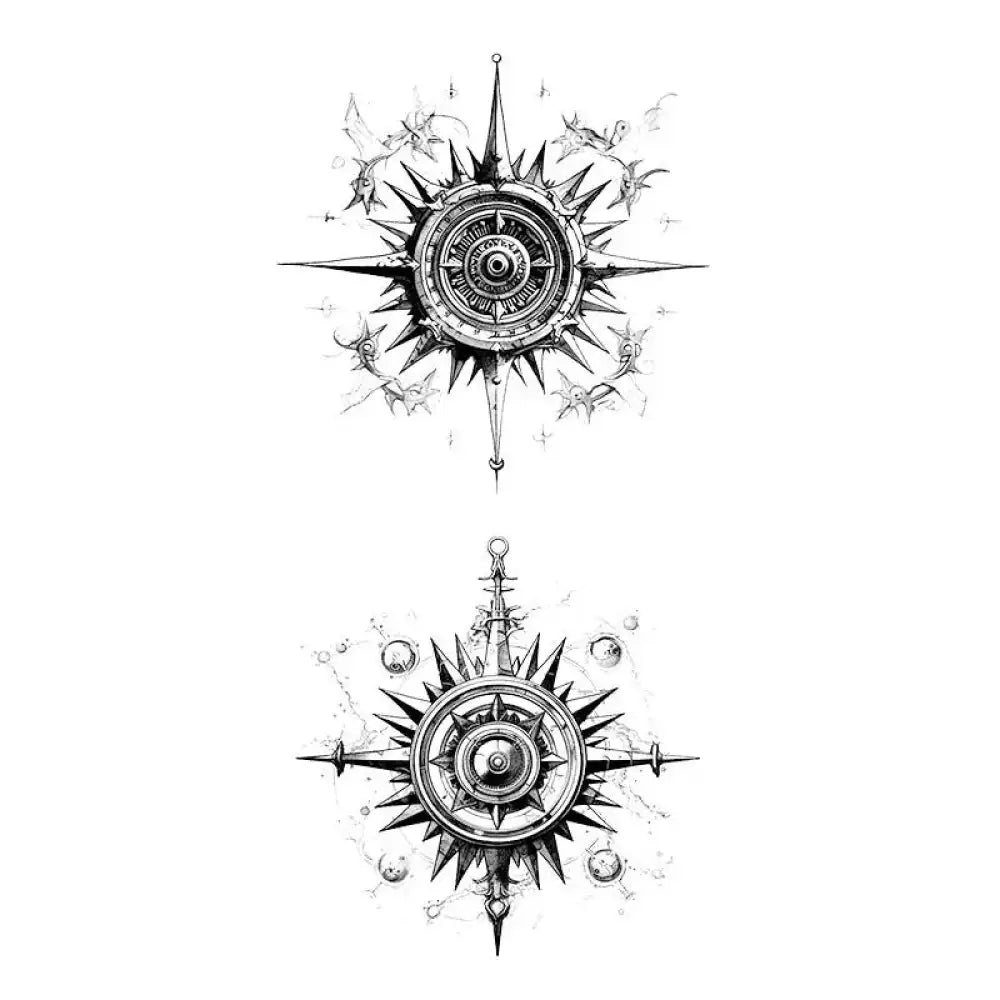 Vintage twin compasses tattoo sticker featuring intricate ornamental compass rose designs