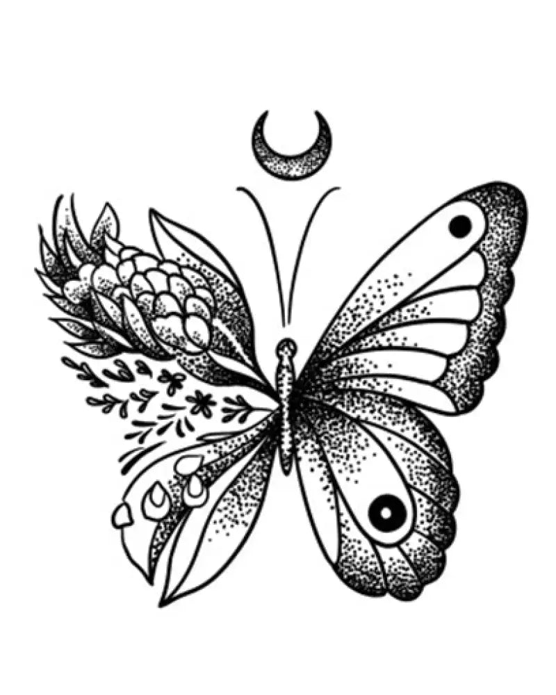 Flower butterfly tattoo sticker with floral wing and crescent moon