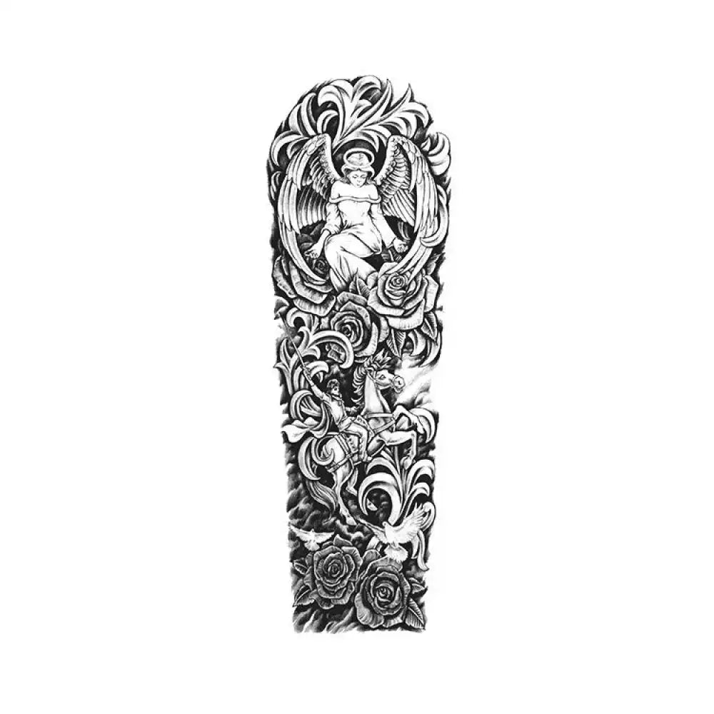 Black and white angel knight tattoo design with roses