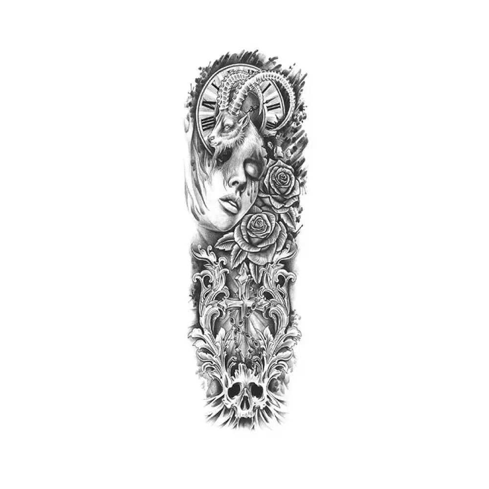 Black and white evil goat tattoo sticker sleeve with skull and roses