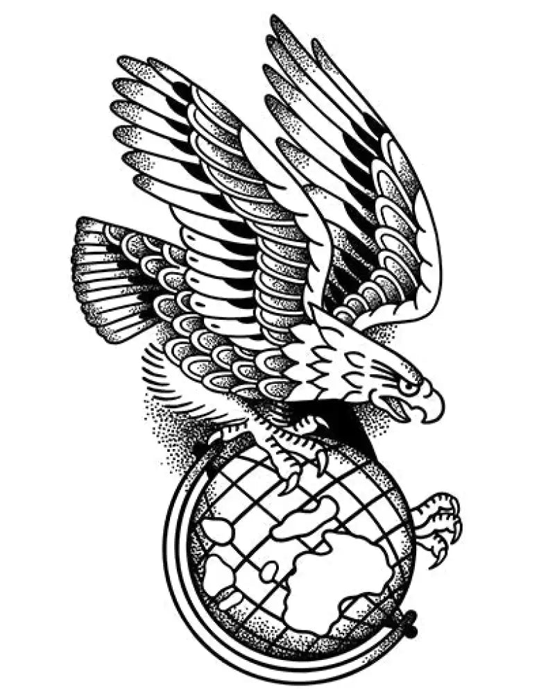 Black and white eagle clutching globe tattoo sticker, Global Eagle design