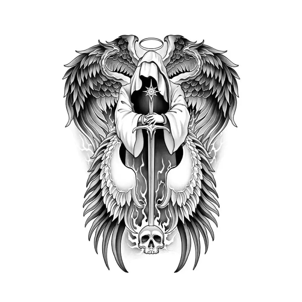 Grim Seraph monochrome tattoo sticker of hooded winged figure with sword and skull