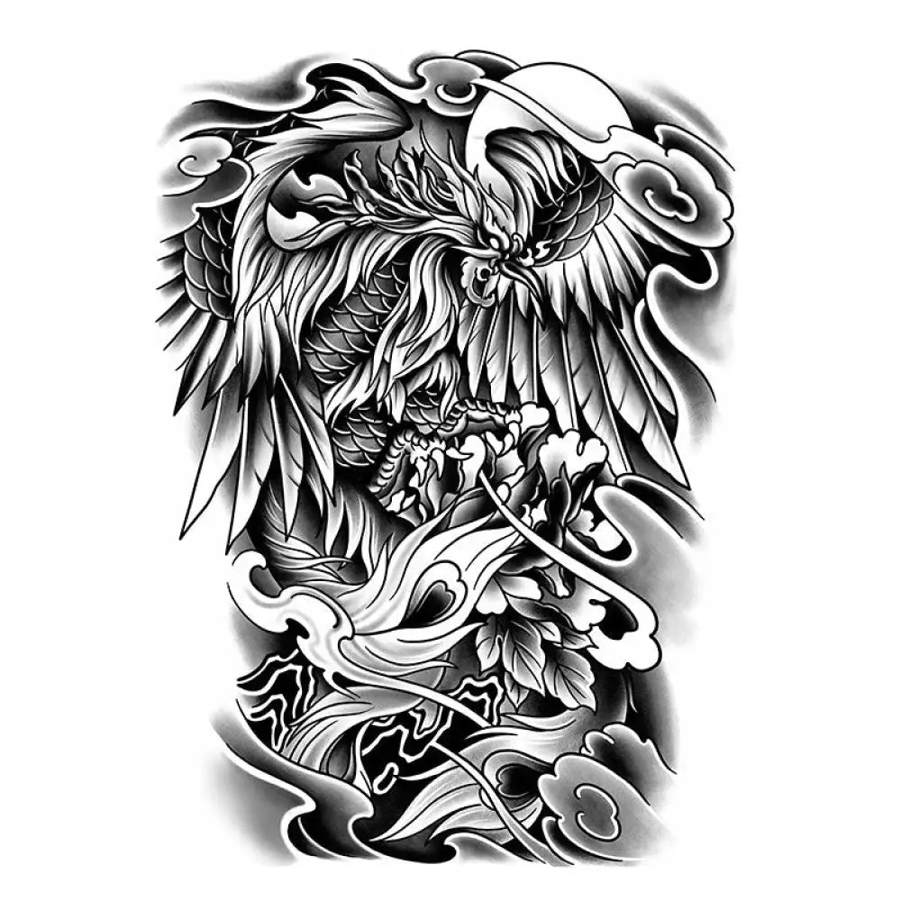 Japanese phoenix full back tattoo sticker design with dragon motif