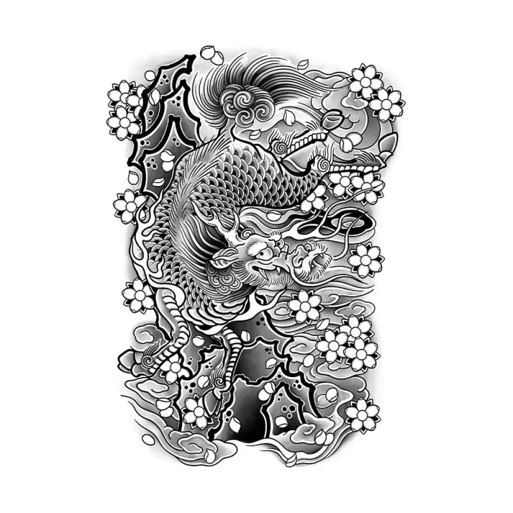 Black and white Japanese dragon tattoo design with cherry blossoms