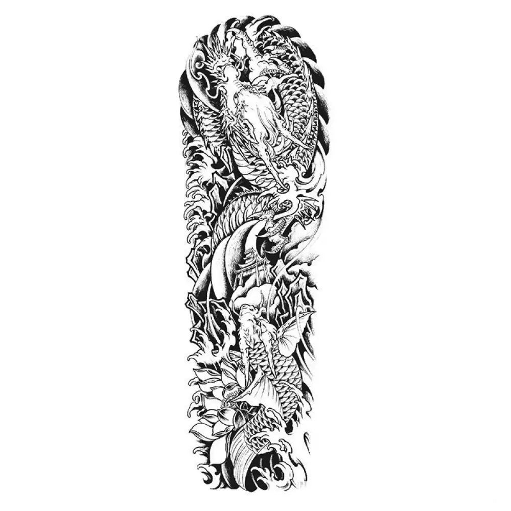 Black and white Japanese dragon and wave tattoo sleeve design