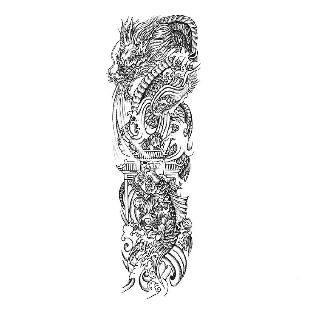 Koi Leaps Dragon Gate full-sleeve tattoo with dragon, koi fish, waves