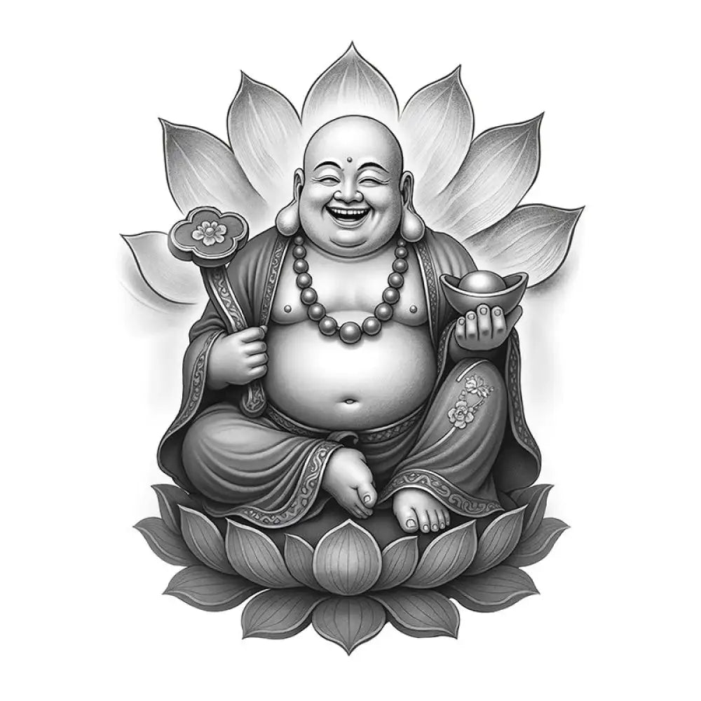 Laughing Buddha on lotus with ruyi scepter and ingot tattoo design