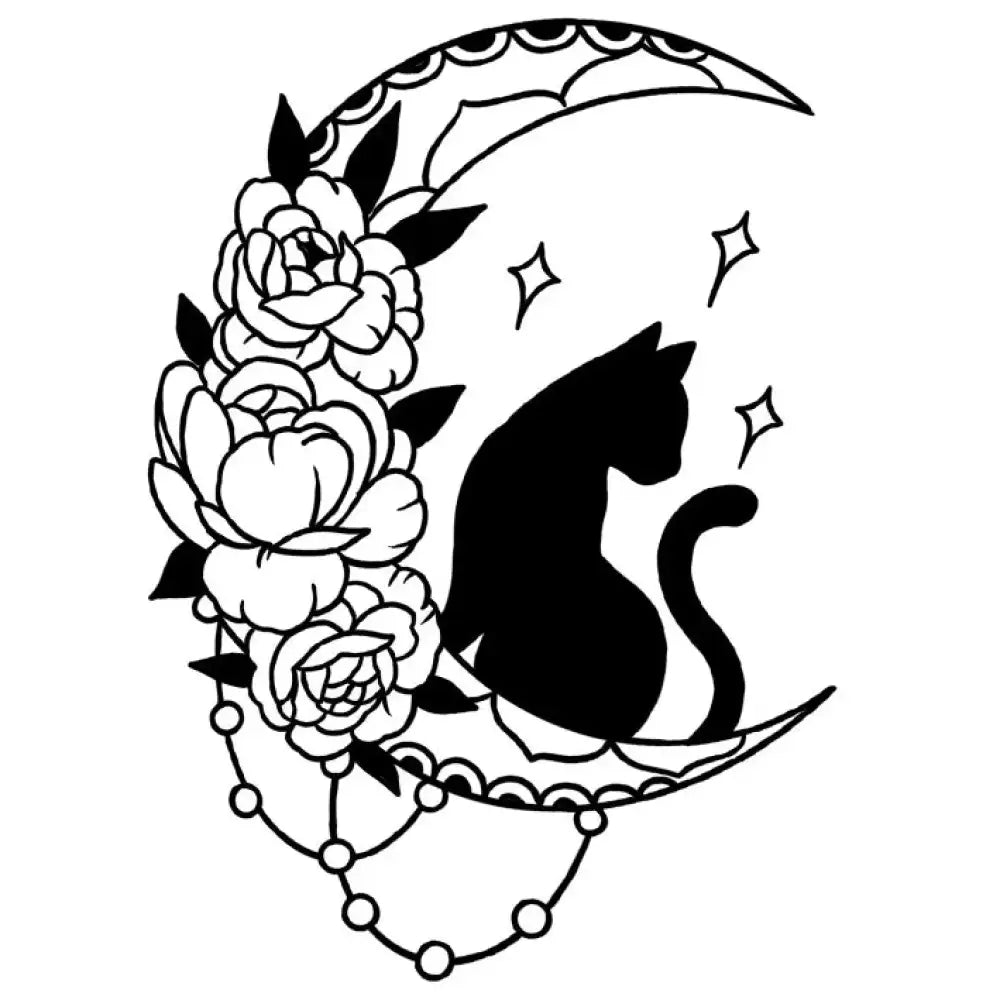 Moon cat tattoo sticker: black cat on crescent moon with flowers and beads