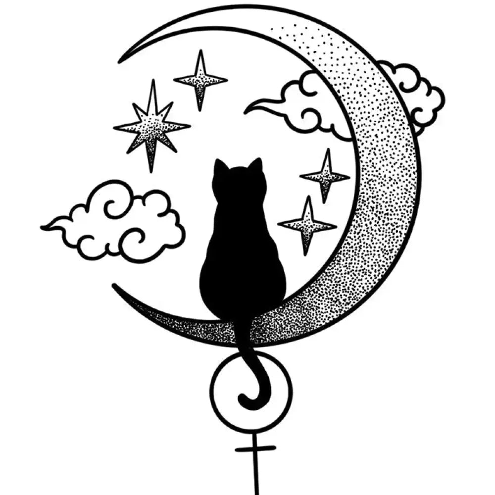 Moon cat silhouette on crescent moon with stars, small tattoo sticker