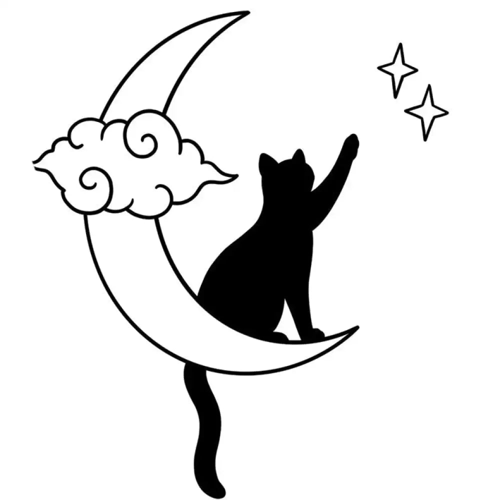 Moon cat reaching for two stars on a crescent moon with cloud