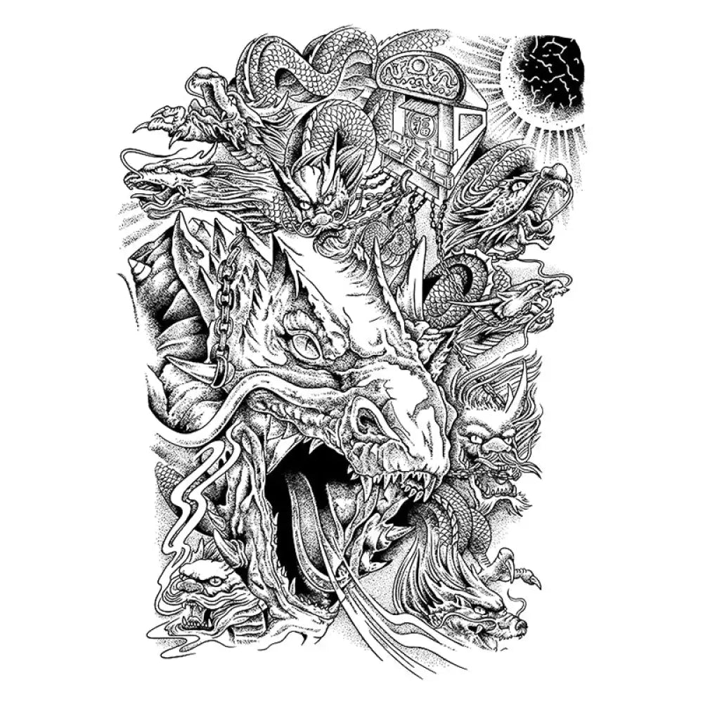 Intricate black and white nine dragons pulling coffin tattoo sticker drawing