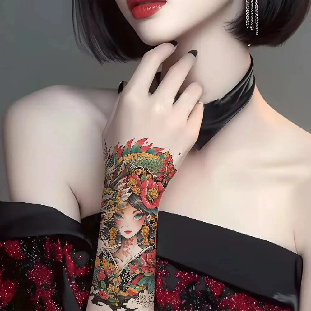 Floral tattoo arm sleeve featuring Dragon Empress tattoo sticker, perfect for small tattoos
