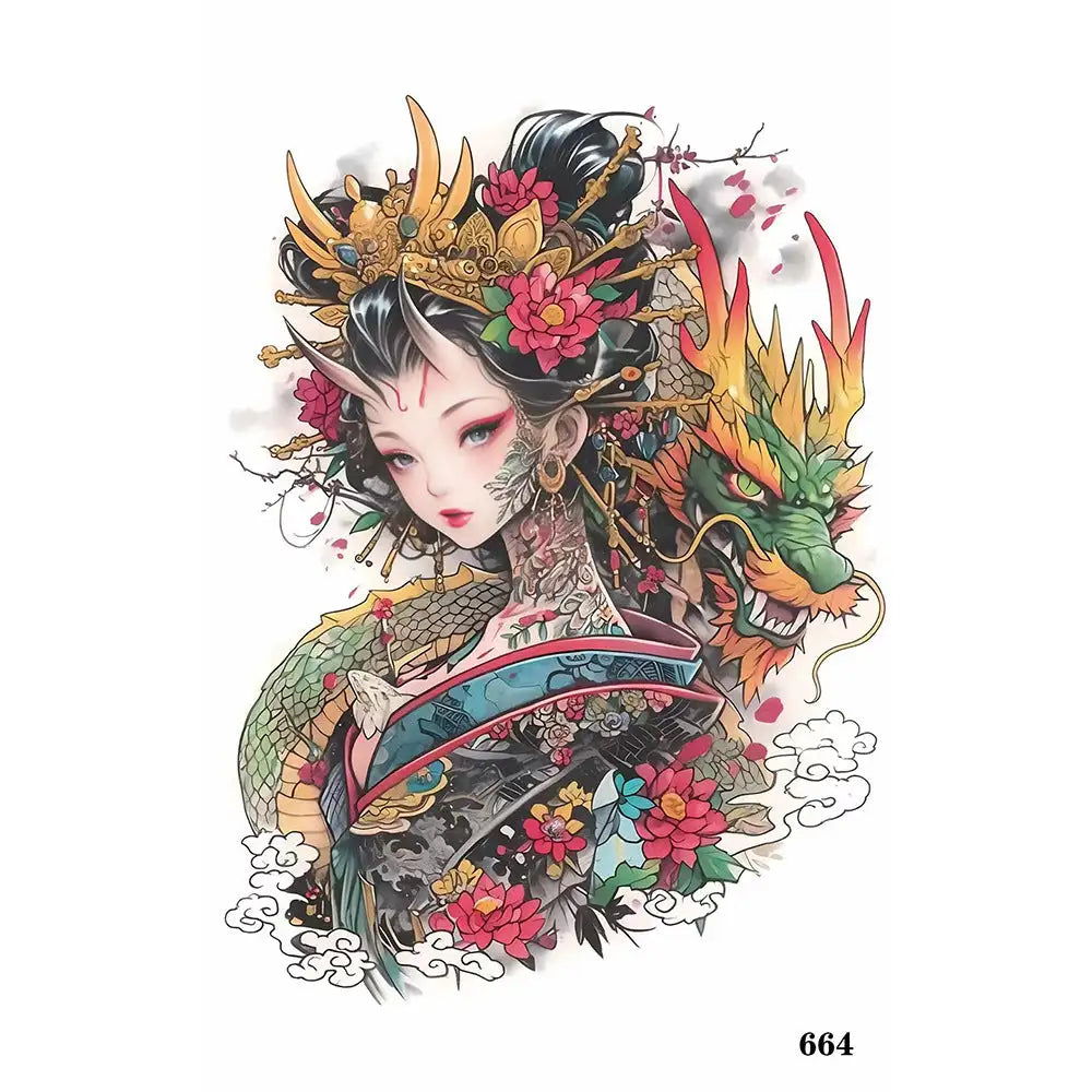 Vibrant Dragon Geisha tattoo sticker with intricate dragon-themed design for small tattoos