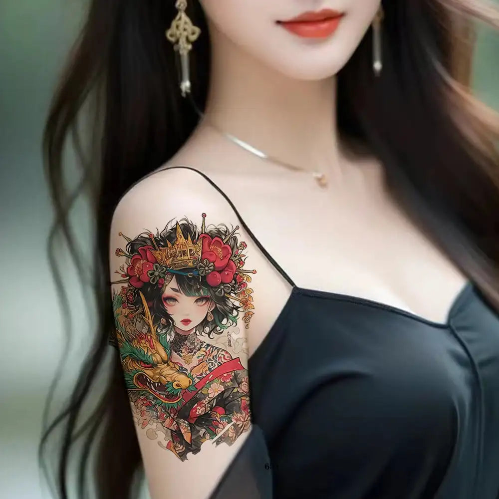 Black satin off-the-shoulder dress with floral tattoo design and small tattoo details