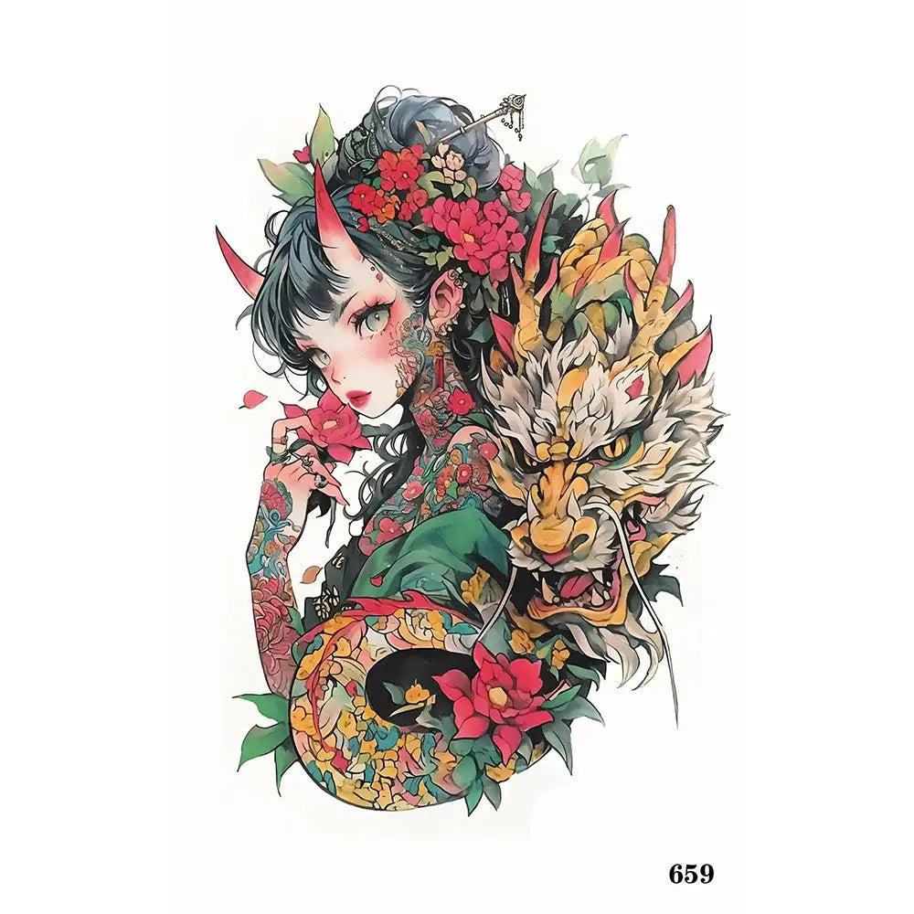 Dragon Empress tattoo sticker featuring a small dragon with vibrant floral patterns and intricate details