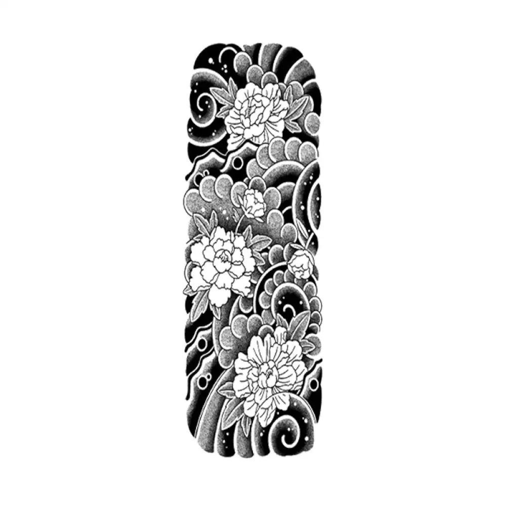 Black and white peony wind scrolls tattoo sleeve design