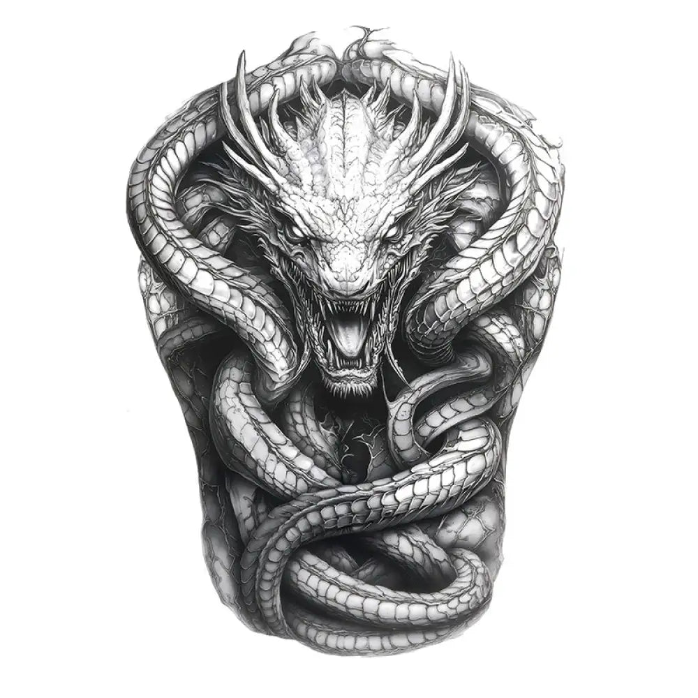 Intricate grayscale roaring dragon tattoo sticker with snakes