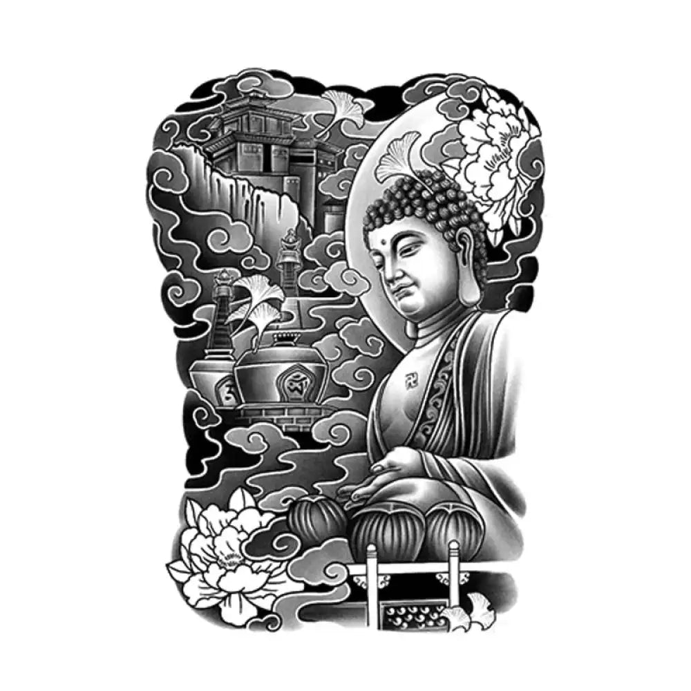 Detailed black and white seated Buddha tattoo design for full back