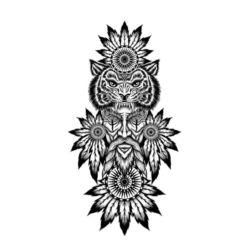 Intricately detailed totem tiger and shaman mandala tattoo sticker in black and white