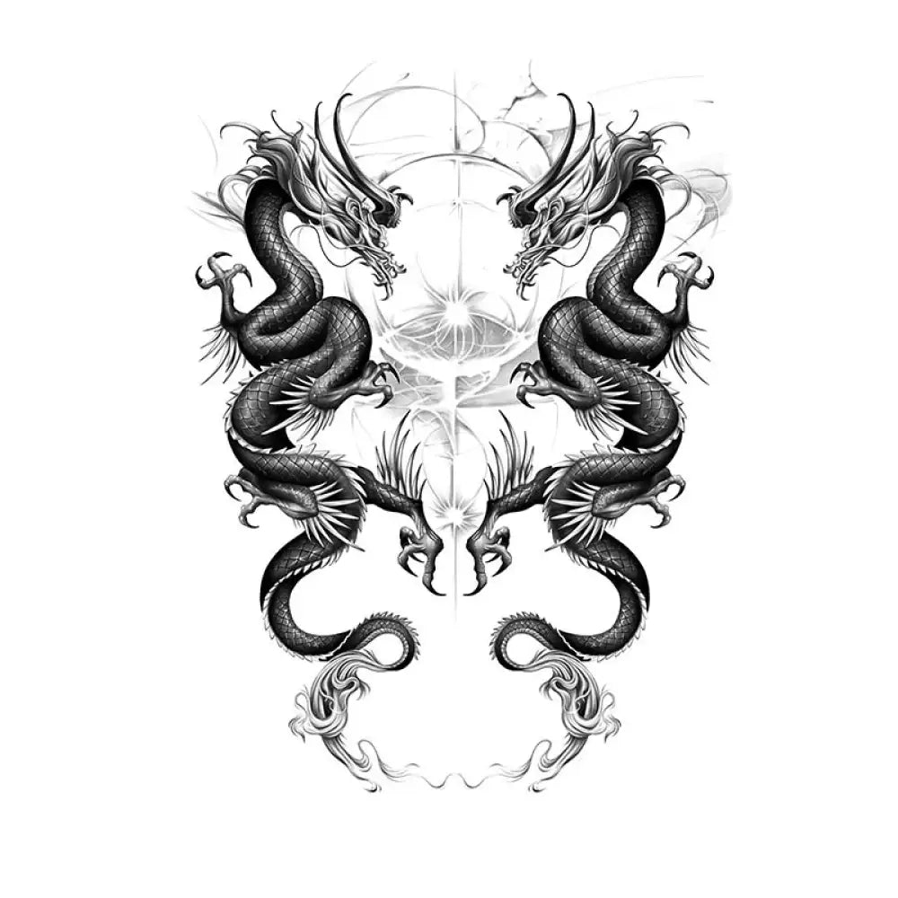 Symmetrical twin dragons black and white tattoo sticker illustration