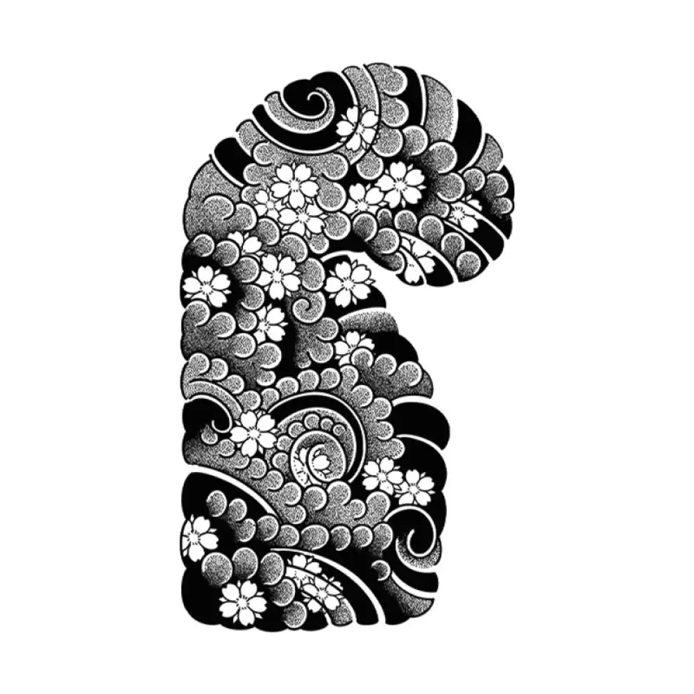 Ukiyo-e waves and sakura black and white small tattoo sticker design
