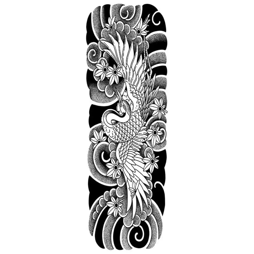 Black and white cloud crane tattoo sticker with Japanese crane, flowers, waves