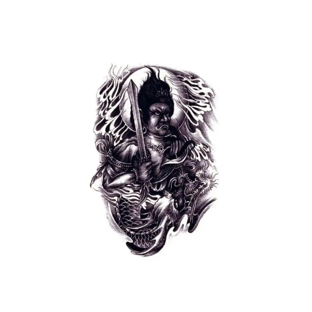 Acala fierce deity tattoo design with sword, flames, dragon