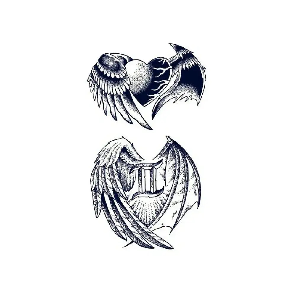 Black and white tattoo stickers featuring Gemini Wings and devil heart winged designs