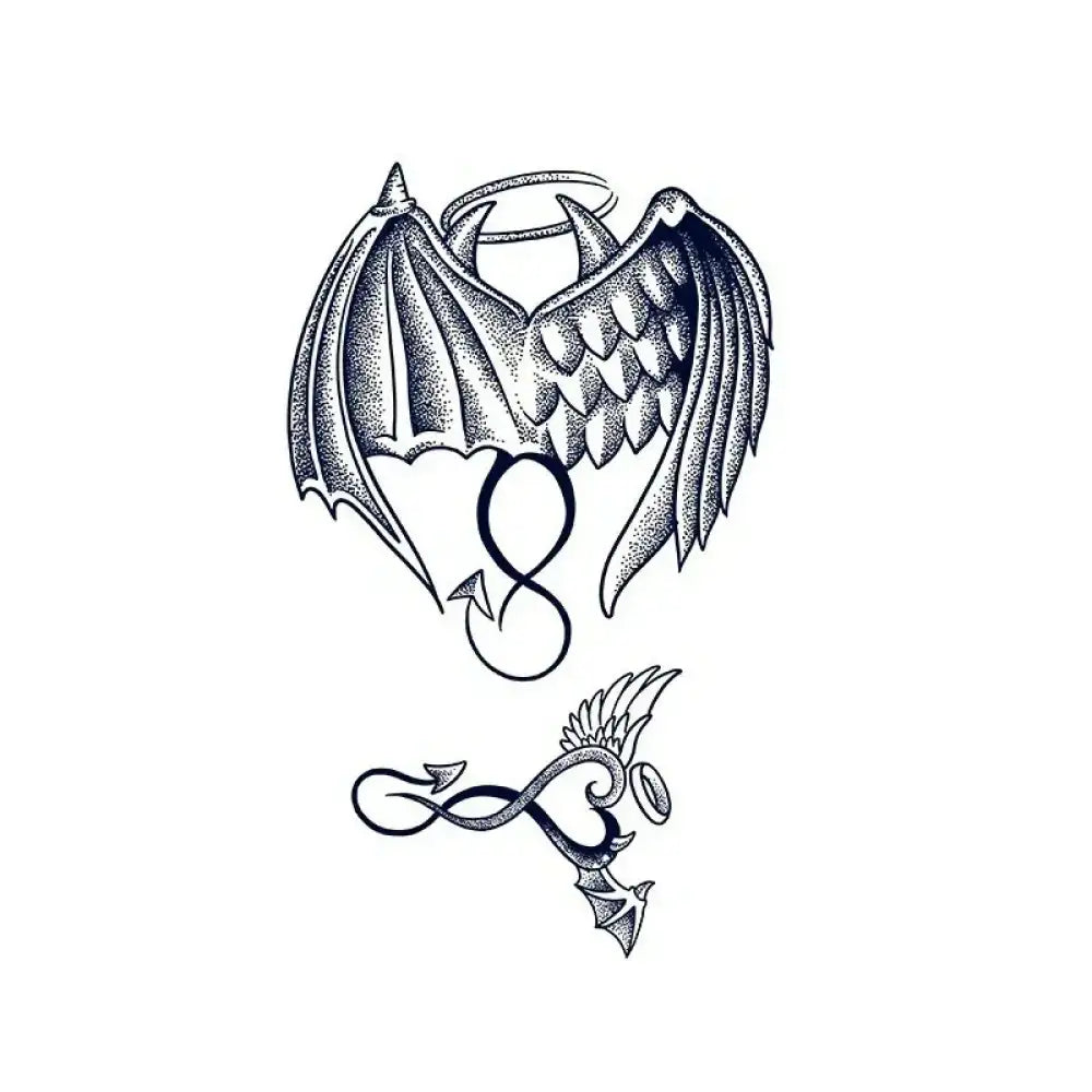 Black and white tattoo sticker featuring angelic and demonic imagery with dual wings unite design