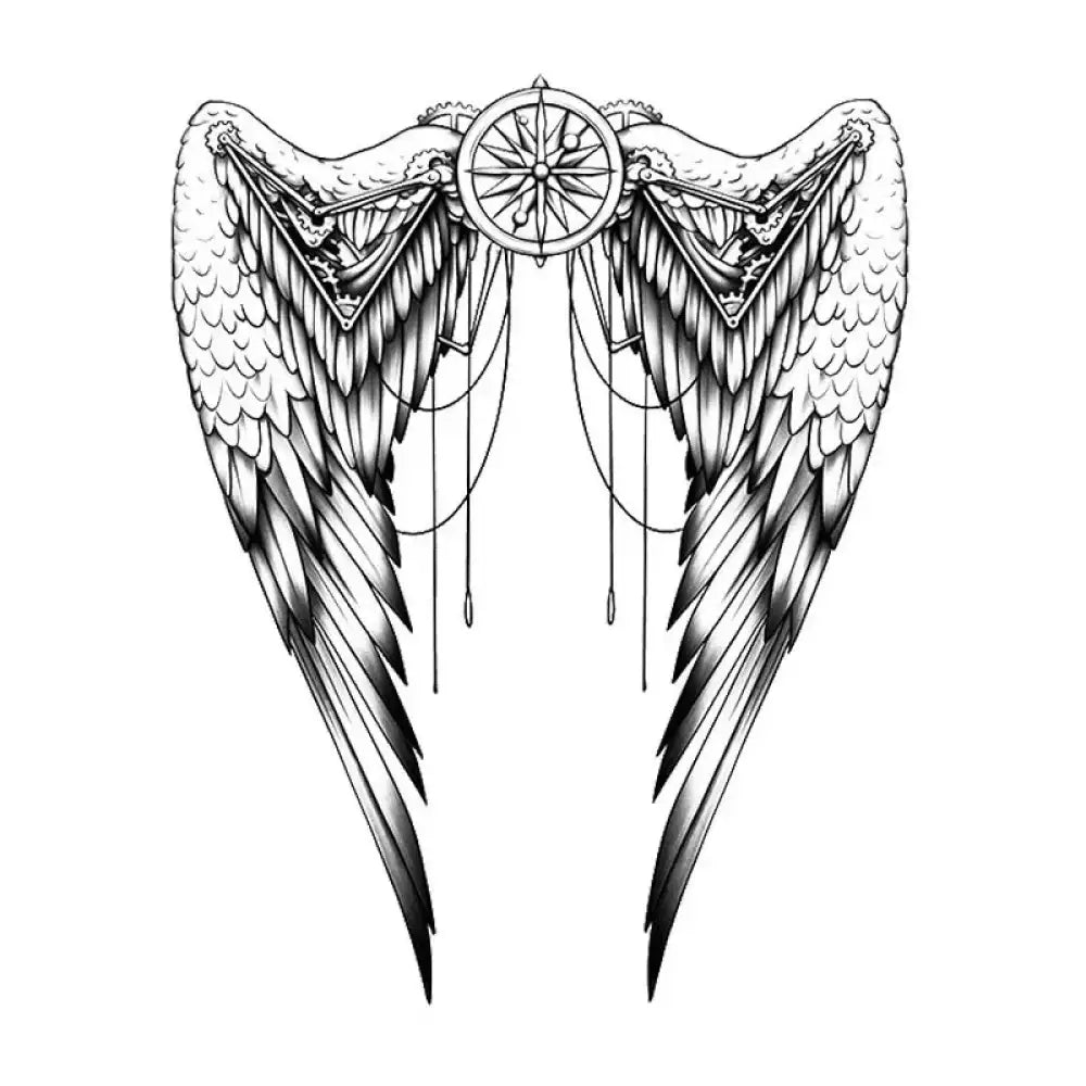 Black and white tattoo sticker featuring an advanced hand-drawn angel’s wings with compass