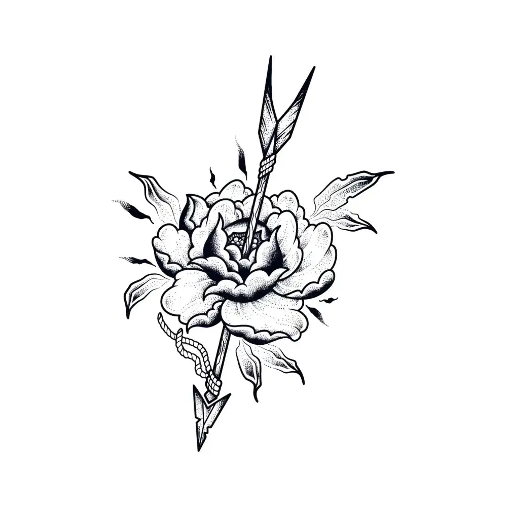 Black and white peony tattoo design pierced by arrow, small tattoo sticker