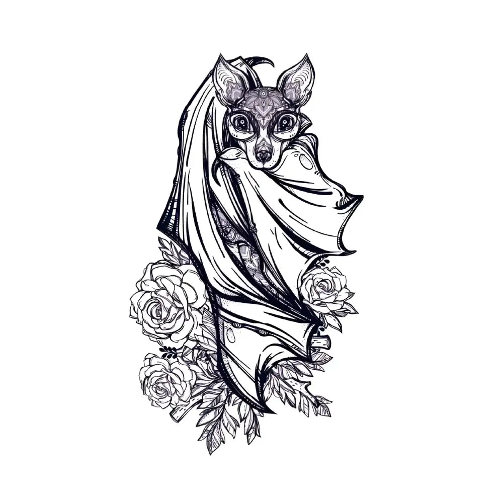 Black and white bat tattoo design with roses and leaves for stickers