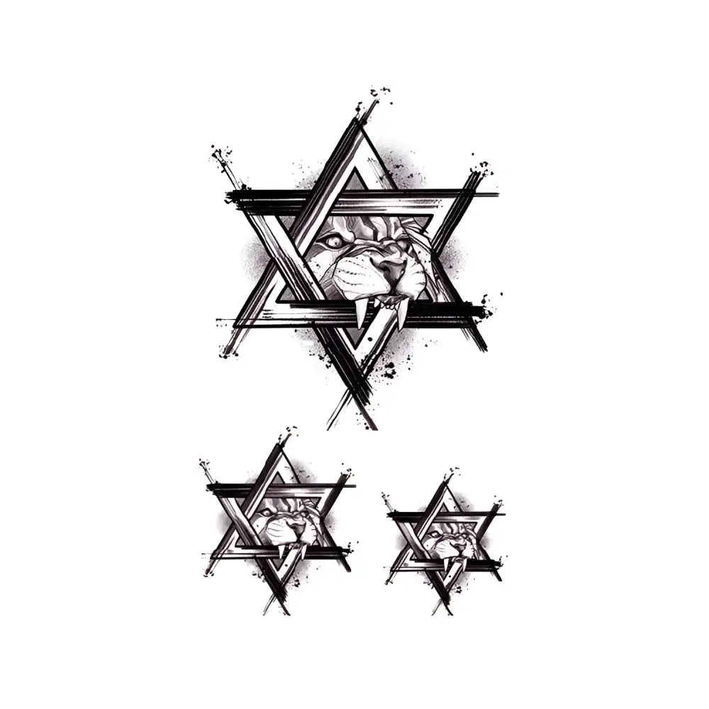Beast Hexagram small tattoo sticker with snarling tiger in distressed Star of David