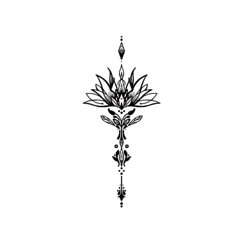 Black line art tattoo sticker of stylized Lotus flower with dot work and flourishes