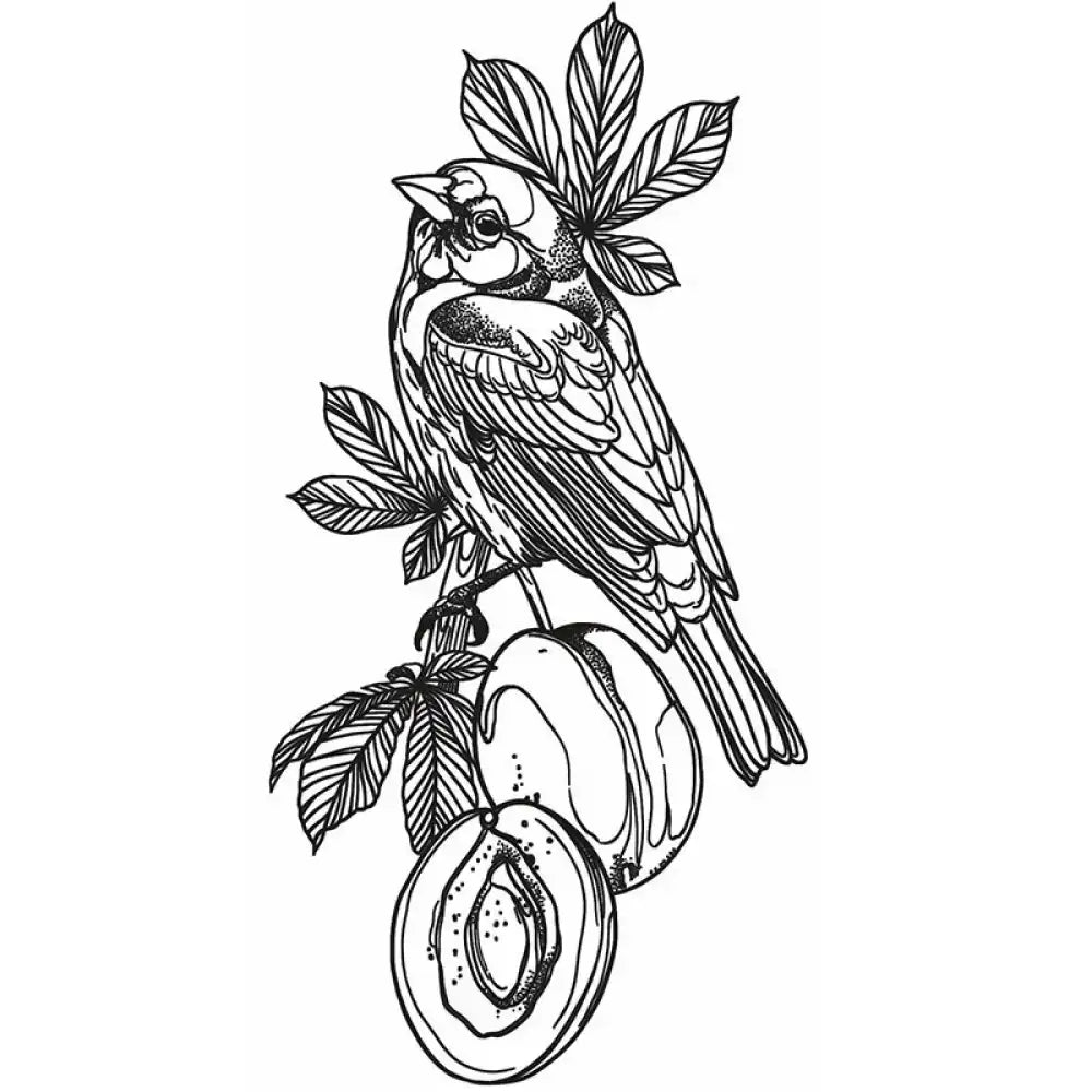 Black and white line art bird on plum fruit tree for small tattoo sticker