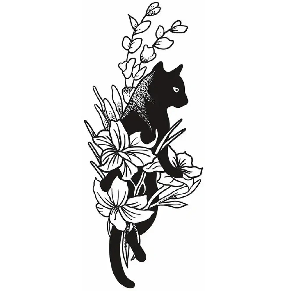 Black cat with white flowers and leaves small tattoo sticker