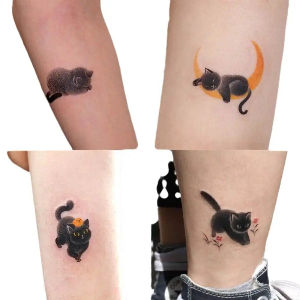 Four black cat tattoo stickers with advanced hand-drawn design on human skin