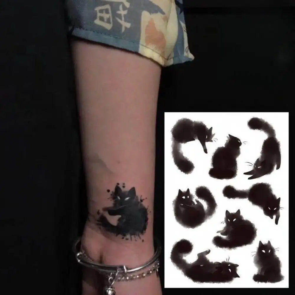 Person’s arm with black cat tattoo sticker from Advanced Hand-Drawn Black Cat Tattoo Sticker Collection